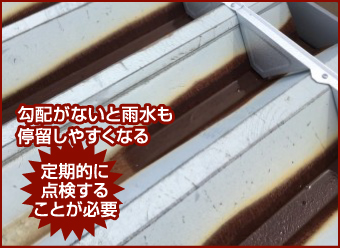 勾配がないと雨水も停留しやすくなる。定期的に点検することが重要