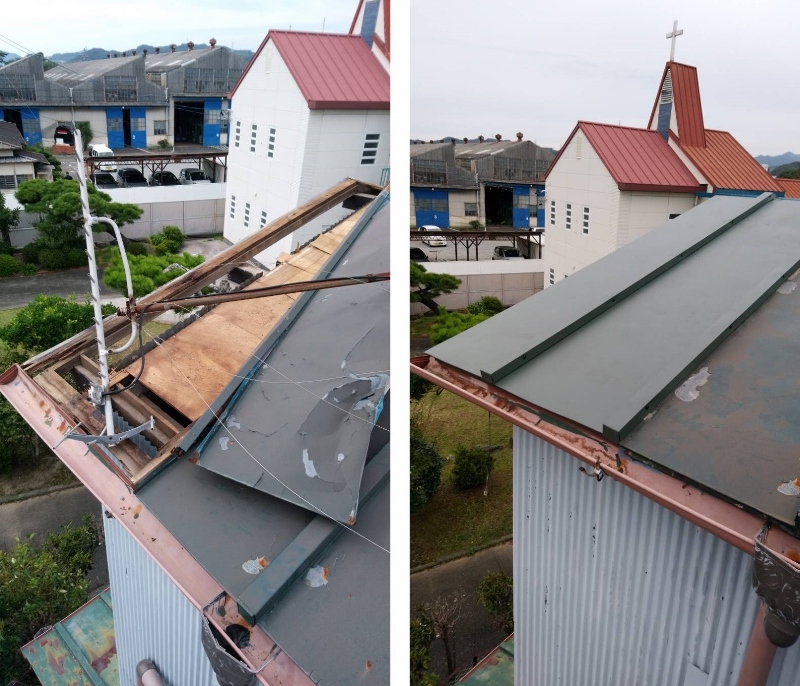 浜松市中央区上石田町で、築５０年の木造住宅の屋根が強風で破損。修理の御依頼をいただいた御客様