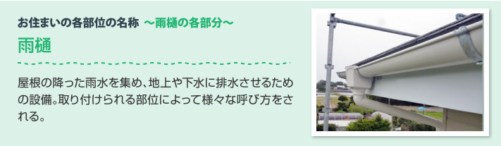 雨樋の各部分　雨樋：屋根に降った雨水を集め、地上や下水に排水させるための設備