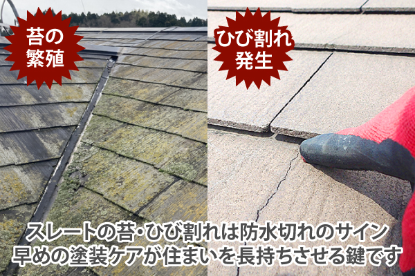 スレートの苔・ひび割れは防水切れのサイン早めの塗装ケアが住まいを長持ちさせる鍵です