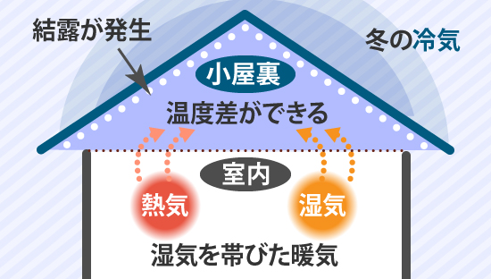 小屋裏に結露が溜まる仕組みの解説図